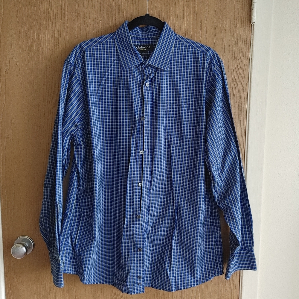 Claiborne stretch blue yellow plaid button-down